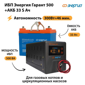 ИБП Энергия Гарант 500 + Аккумулятор S 33 Ач (300Вт - 46мин) - ИБП и АКБ - ИБП для котлов со встроенным стабилизатором - . Магазин оборудования для автономного и резервного электропитания Ekosolar.ru в Северодвинске